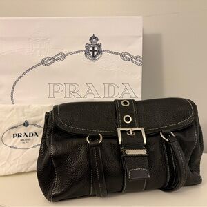 Vintage Prada Buckle Black Leather Shoulder Bag with Silver Hardware